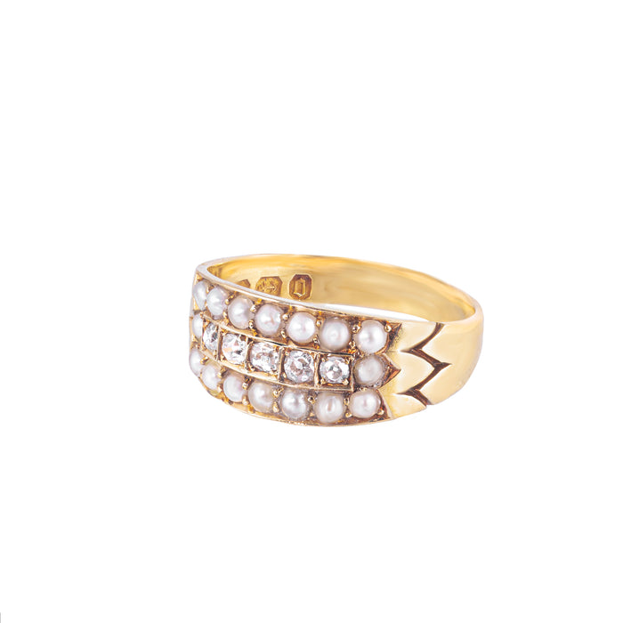 Victorian Three Row Diamond Pearl Ring