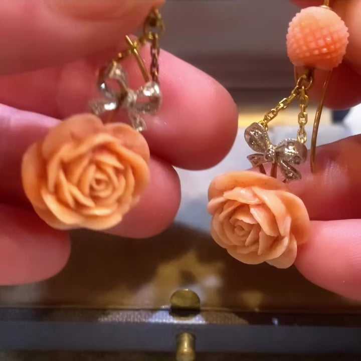 Pair of Coral Diamond Gold Drop Earrings