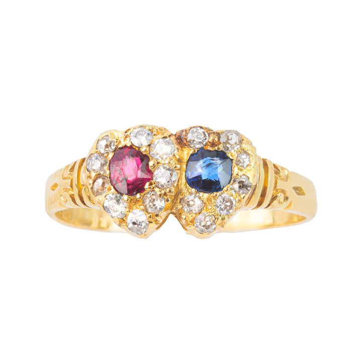 Ruby Sapphire Double Heart Gold Ring