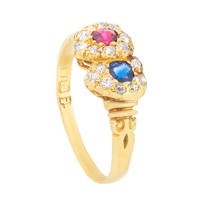 Ruby Sapphire Double Heart Gold Ring